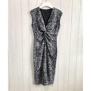 White House Black Market Mesh Twist Front Leopard Gray Black Dress Size 2 NWT